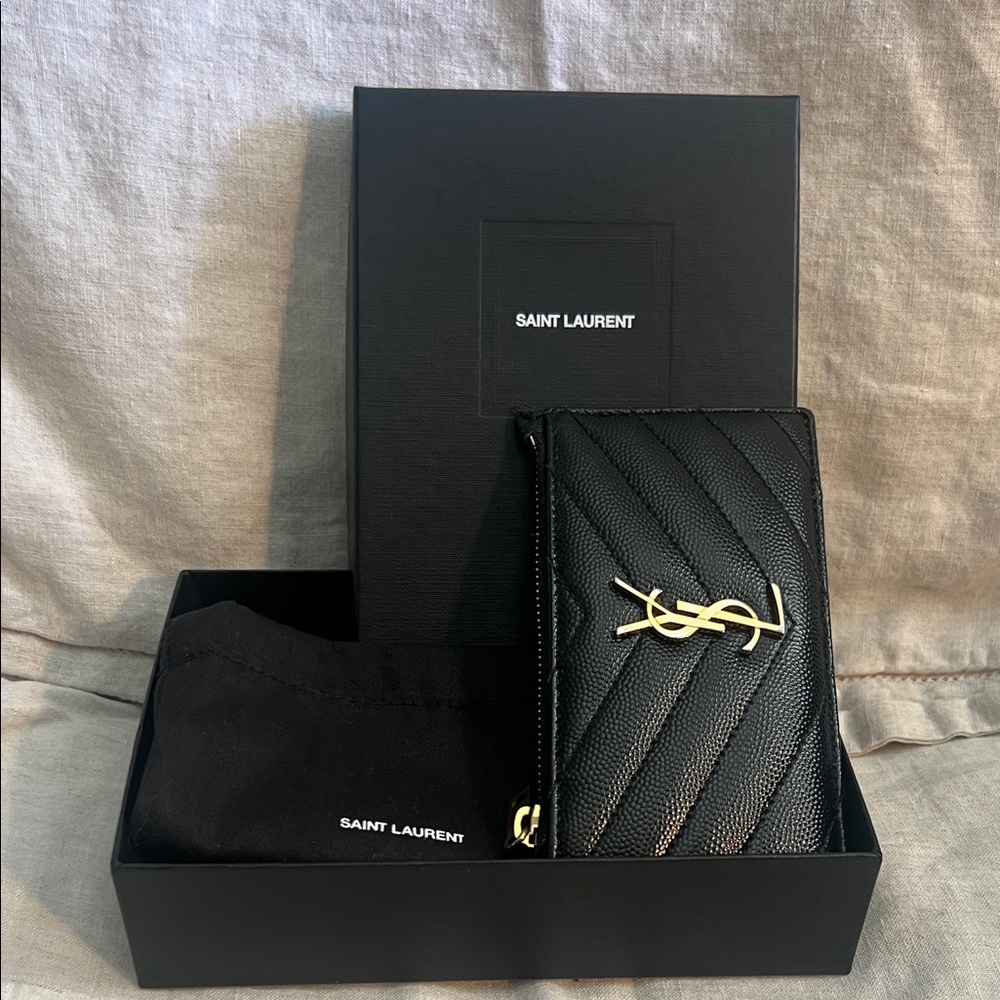 Saint Laurent Black Quilted Card Holder with Gold Logo